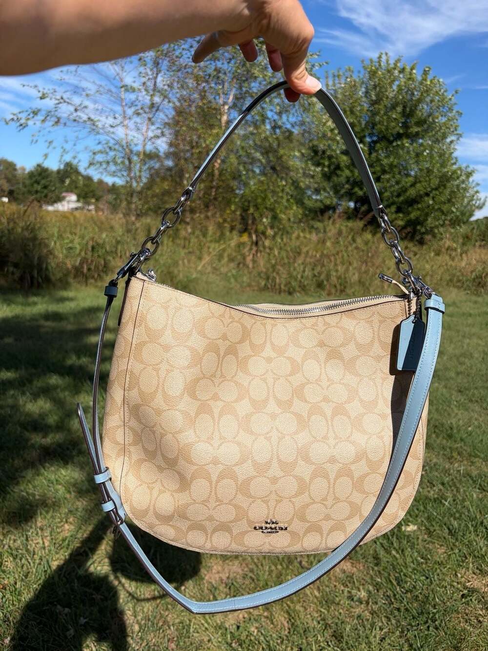 Coach Elle Hobo F39527 Signature Tan Light Blue Shoulder Bag
